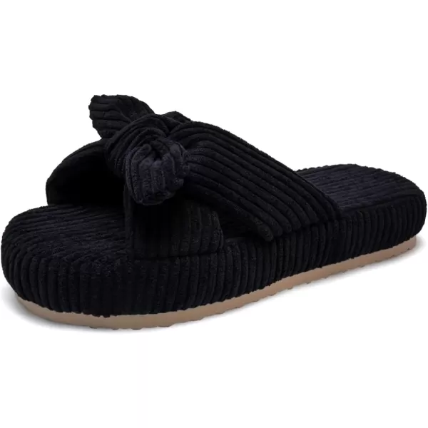 imageWateLves Cute Bow Slippers for Women Memory Foam Corduroy Open Toe Slide Slippers Ladies Cross Band House Shoes for Indoor OutdoorBlack