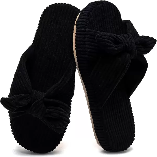 imageWateLves Cute Bow Slippers for Women Memory Foam Corduroy Open Toe Slide Slippers Ladies Cross Band House Shoes for Indoor OutdoorBlack