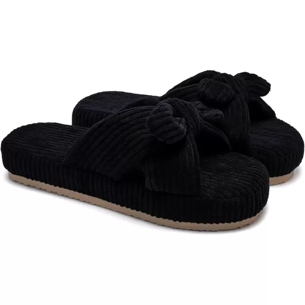imageWateLves Cute Bow Slippers for Women Memory Foam Corduroy Open Toe Slide Slippers Ladies Cross Band House Shoes for Indoor OutdoorBlack