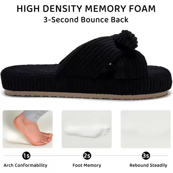 imageWateLves Cute Bow Slippers for Women Memory Foam Corduroy Open Toe Slide Slippers Ladies Cross Band House Shoes for Indoor OutdoorBlack