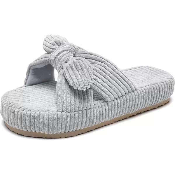 imageWateLves Cute Bow Slippers for Women Memory Foam Corduroy Open Toe Slide Slippers Ladies Cross Band House Shoes for Indoor OutdoorGrey