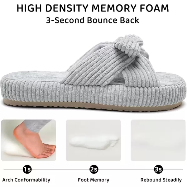 imageWateLves Cute Bow Slippers for Women Memory Foam Corduroy Open Toe Slide Slippers Ladies Cross Band House Shoes for Indoor OutdoorGrey