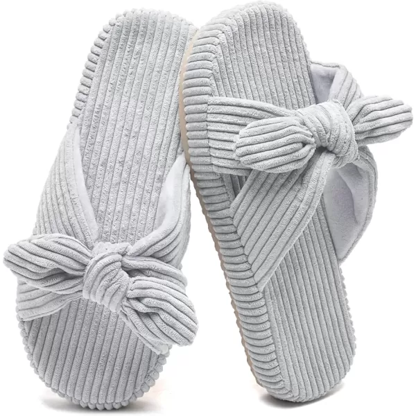 imageWateLves Cute Bow Slippers for Women Memory Foam Corduroy Open Toe Slide Slippers Ladies Cross Band House Shoes for Indoor OutdoorGrey