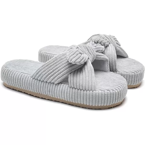 imageWateLves Cute Bow Slippers for Women Memory Foam Corduroy Open Toe Slide Slippers Ladies Cross Band House Shoes for Indoor OutdoorGrey