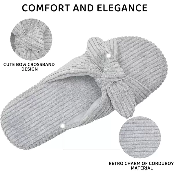 imageWateLves Cute Bow Slippers for Women Memory Foam Corduroy Open Toe Slide Slippers Ladies Cross Band House Shoes for Indoor OutdoorGrey
