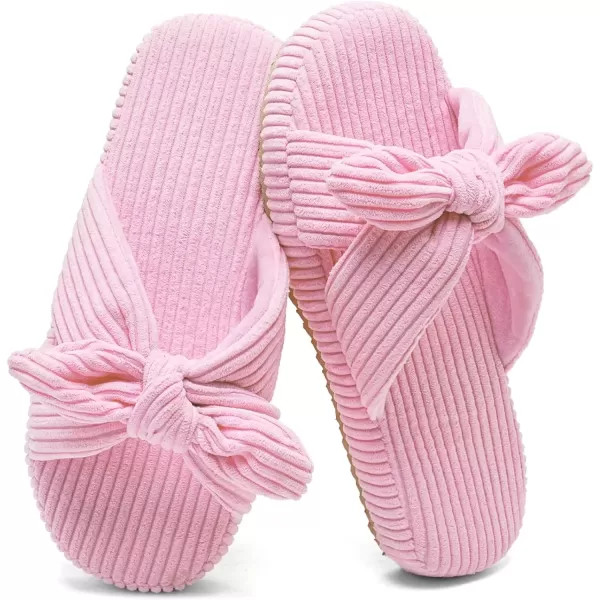 imageWateLves Cute Bow Slippers for Women Memory Foam Corduroy Open Toe Slide Slippers Ladies Cross Band House Shoes for Indoor OutdoorPink
