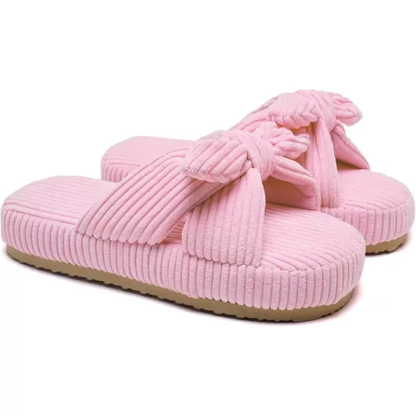 imageWateLves Cute Bow Slippers for Women Memory Foam Corduroy Open Toe Slide Slippers Ladies Cross Band House Shoes for Indoor OutdoorPink
