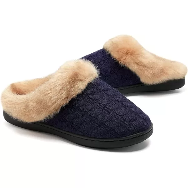 imageWateLves Womens Memory Foam Slippers Knitted Fur Collar House Shoes AntiSkid Sole for Indoor ampamp OutdoorDark Blue