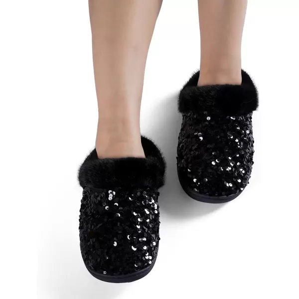 imageWateLves Womens Memory Foam Slippers Knitted Fur Collar House Shoes AntiSkid Sole for Indoor ampamp OutdoorSequins Black