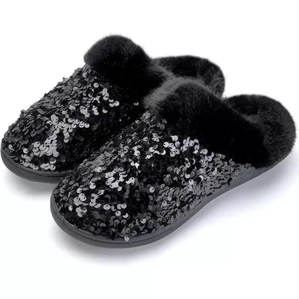 imageWateLves Womens Memory Foam Slippers Knitted Fur Collar House Shoes AntiSkid Sole for Indoor ampamp OutdoorSequins Black