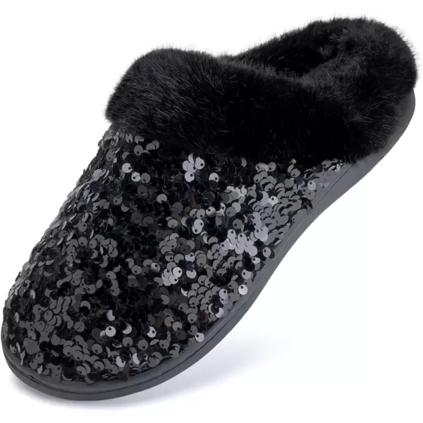 imageWateLves Womens Memory Foam Slippers Knitted Fur Collar House Shoes AntiSkid Sole for Indoor ampamp OutdoorSequins Black