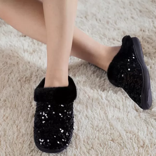 imageWateLves Womens Memory Foam Slippers Knitted Fur Collar House Shoes AntiSkid Sole for Indoor ampamp OutdoorSequins Black