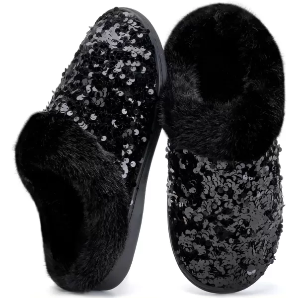imageWateLves Womens Memory Foam Slippers Knitted Fur Collar House Shoes AntiSkid Sole for Indoor ampamp OutdoorSequins Black