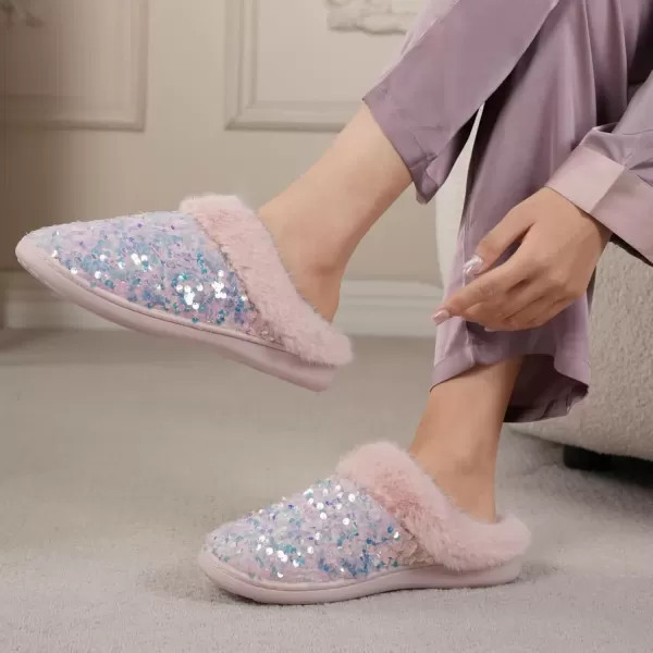 imageWateLves Womens Memory Foam Slippers Knitted Fur Collar House Shoes AntiSkid Sole for Indoor ampamp OutdoorSequins Pink