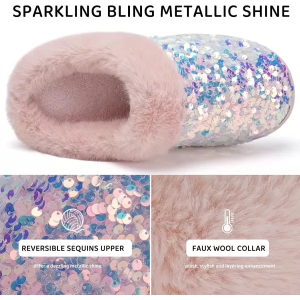 imageWateLves Womens Memory Foam Slippers Knitted Fur Collar House Shoes AntiSkid Sole for Indoor ampamp OutdoorSequins Pink