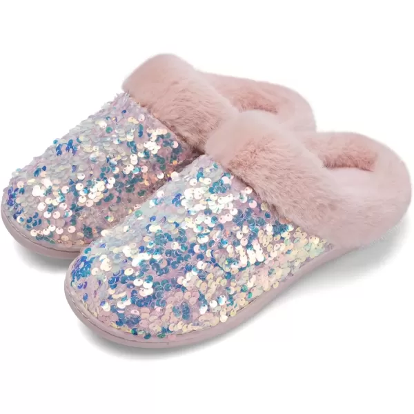imageWateLves Womens Memory Foam Slippers Knitted Fur Collar House Shoes AntiSkid Sole for Indoor ampamp OutdoorSequins Pink
