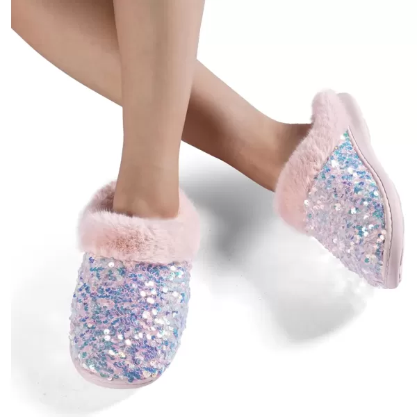 imageWateLves Womens Memory Foam Slippers Knitted Fur Collar House Shoes AntiSkid Sole for Indoor ampamp OutdoorSequins Pink