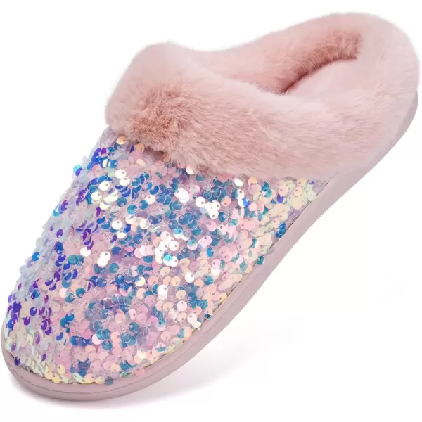 imageWateLves Womens Memory Foam Slippers Knitted Fur Collar House Shoes AntiSkid Sole for Indoor ampamp OutdoorSequins Pink
