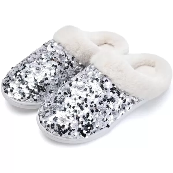 imageWateLves Womens Memory Foam Slippers Knitted Fur Collar House Shoes AntiSkid Sole for Indoor ampamp OutdoorSequins Silver