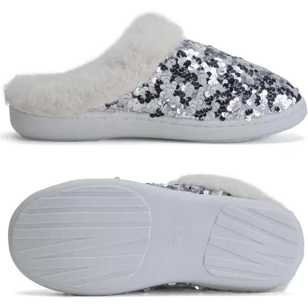 imageWateLves Womens Memory Foam Slippers Knitted Fur Collar House Shoes AntiSkid Sole for Indoor ampamp OutdoorSequins Silver