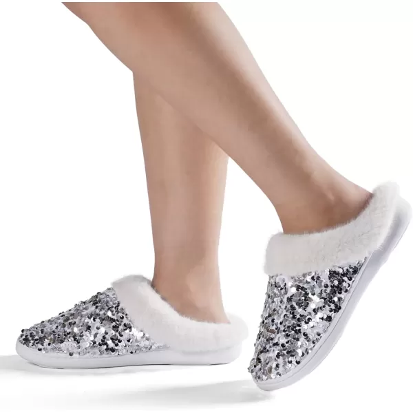 imageWateLves Womens Memory Foam Slippers Knitted Fur Collar House Shoes AntiSkid Sole for Indoor ampamp OutdoorSequins Silver