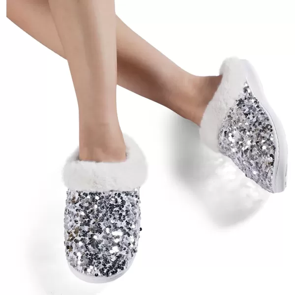 imageWateLves Womens Memory Foam Slippers Knitted Fur Collar House Shoes AntiSkid Sole for Indoor ampamp OutdoorSequins Silver