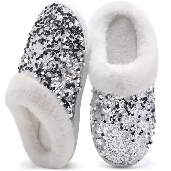 imageWateLves Womens Memory Foam Slippers Knitted Fur Collar House Shoes AntiSkid Sole for Indoor ampamp OutdoorSequins Silver