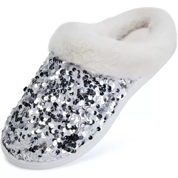 imageWateLves Womens Memory Foam Slippers Knitted Fur Collar House Shoes AntiSkid Sole for Indoor ampamp OutdoorSequins Silver