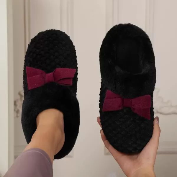 imageWateLves Womens Memory Foam Slippers Comfort WoolLike Plush Fleece Lined House Shoes for Indoor ampamp OutdoorBowBlack Red