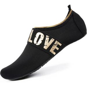 imageWateLves Womens and Mens Kids Water Shoes Barefoot QuickDry Aqua Socks for Beach Swim Surf Yoga ExerciseGold LoveBlack