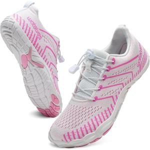 imageWateLves Barefoot Water Shoes Women Men Anti Slip Wide Toe Breathable Walking Shoes Minimalist Zero Drop Sneakers for Beach Travel HikingAwhitePink
